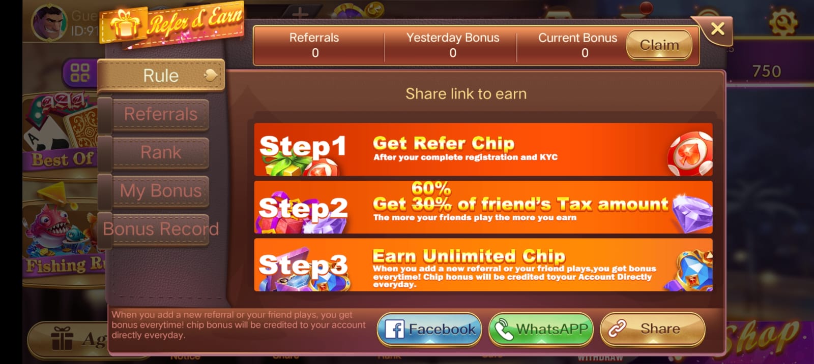 Refer & Earn In Rummy Moment Application